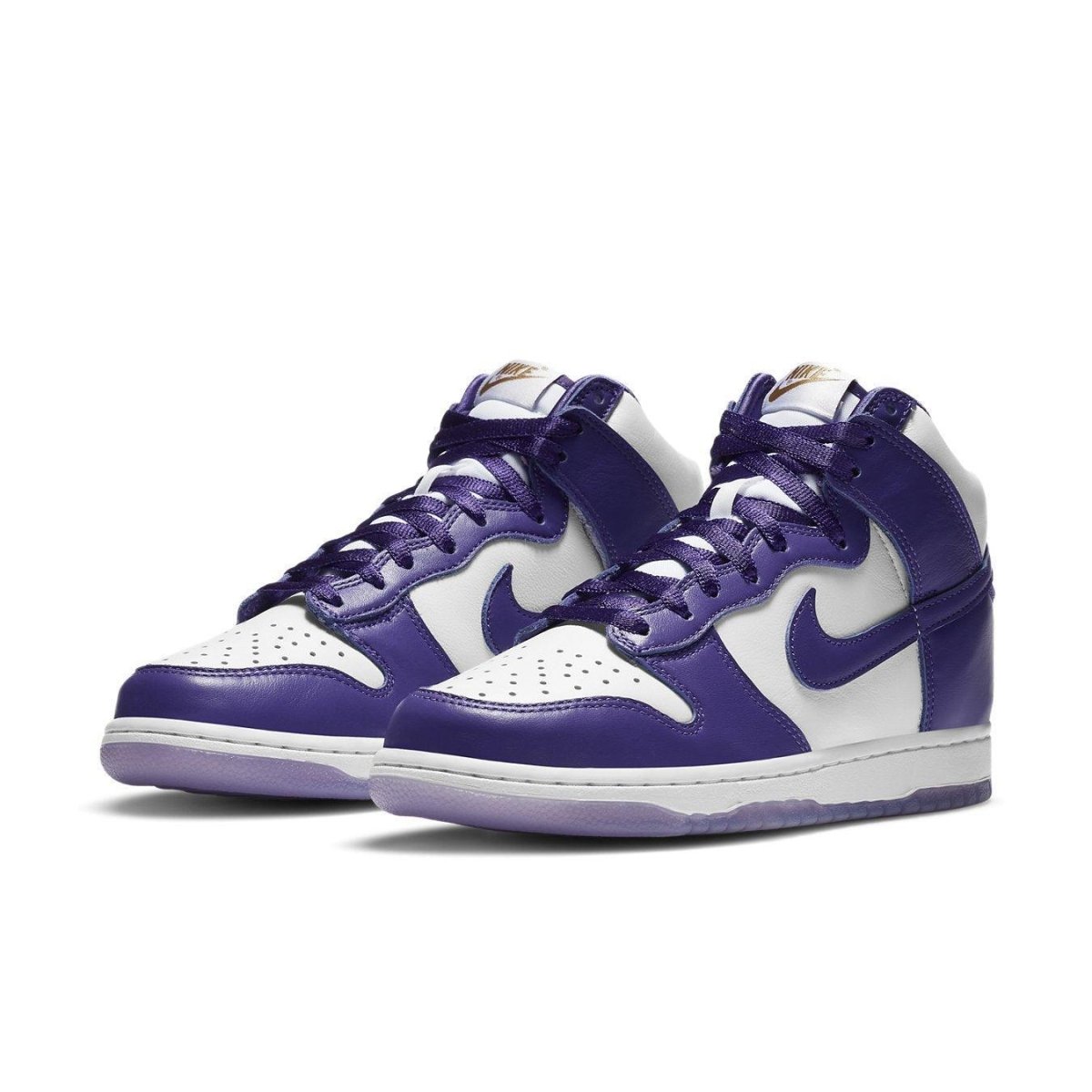 Nike Dunk High SP Varsity Purple women's sneakers with white base and purple overlays.