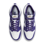 Nike Dunk High SP Varsity Purple (W) sneakers featuring white and purple leather design, satin laces, and gold logo.