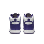 Rear view of Nike Dunk High SP Varsity Purple sneakers with white and purple design.