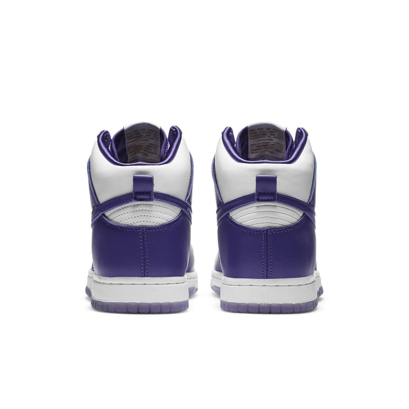 Rear view of Nike Dunk High SP Varsity Purple sneakers with white and purple design.