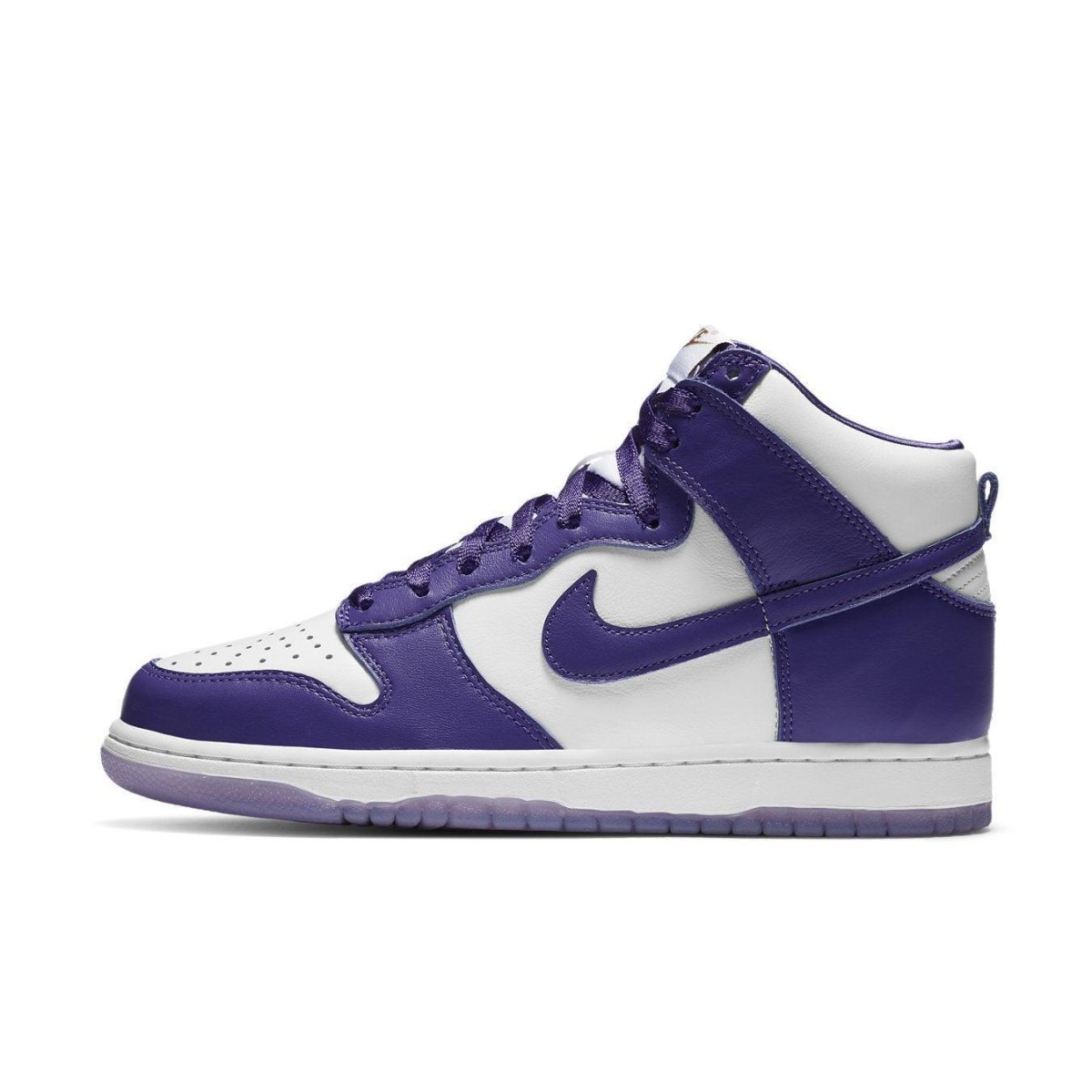 Nike Dunk High SP Varsity Purple women's sneaker with white and purple leather design.