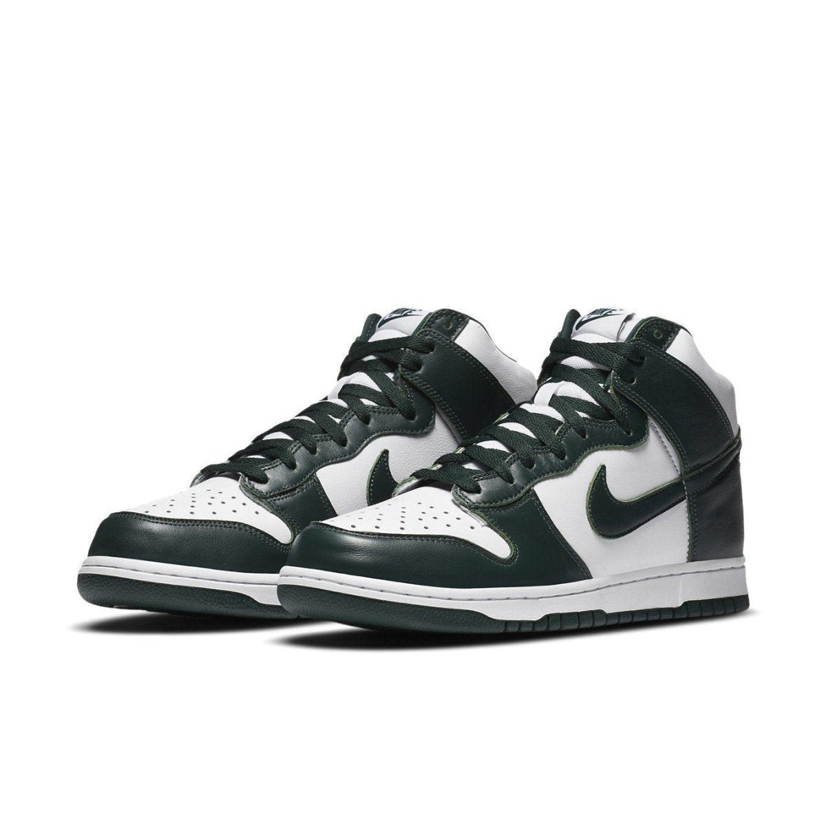 Nike Dunk High Spartan Green sneakers in white and green leather, inspired by Michigan color scheme.