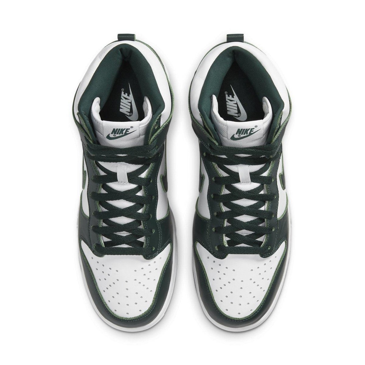 Nike Dunk High Spartan Green sneaker top view featuring white and green leather design.