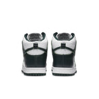 Nike Dunk High Spartan Green rear view showcasing white and green leather design with breathable mesh tongue.