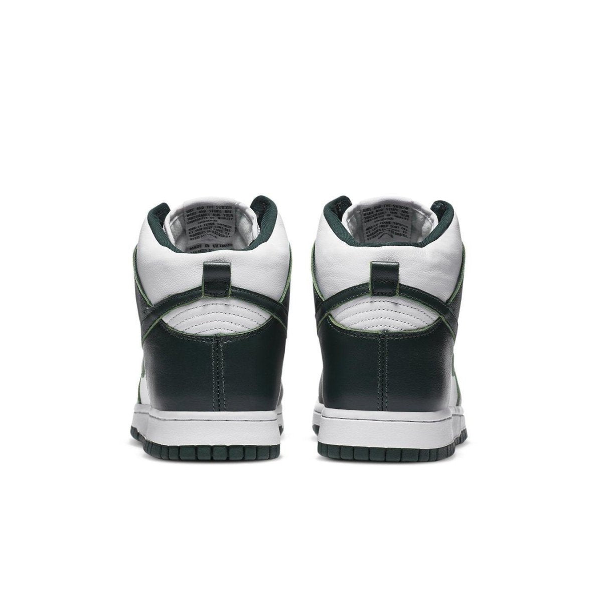 Nike Dunk High Spartan Green rear view showcasing white and green leather design with breathable mesh tongue.