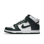 Nike Dunk High Spartan Green sneaker with green and white leather uppers, featuring a breathable mesh tongue.