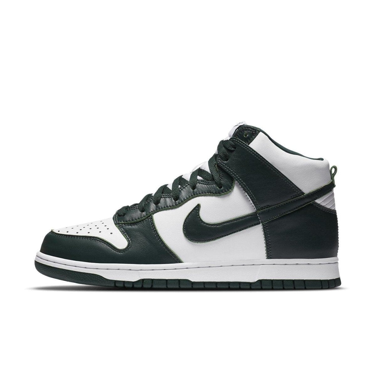 Nike Dunk High Spartan Green sneaker with green and white leather uppers, featuring a breathable mesh tongue.