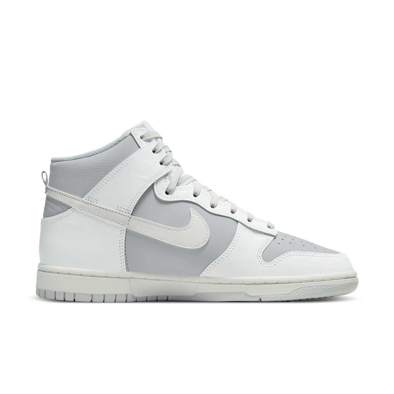 Nike Dunk High Summit White Pure Platinum sneaker in grey and white leather with rubber outsole.