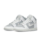 Nike Dunk High Summit White Pure Platinum in grey and white leather, showcasing stylish design and grip sole.
