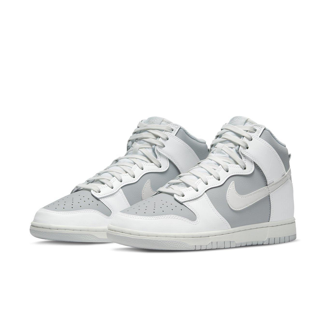Nike Dunk High Summit White Pure Platinum in grey and white leather, showcasing stylish design and grip sole.