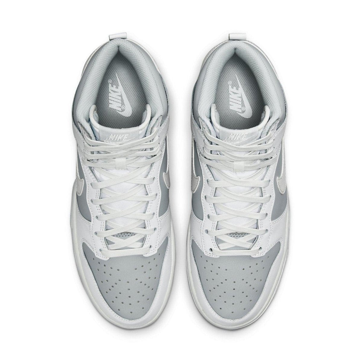 Nike Dunk High Summit White Pure Platinum in light gray and white leather, featuring a sleek, sporty design.