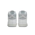 Rear view of Nike Dunk High Summit White Pure Platinum sneakers with grey and white accents.
