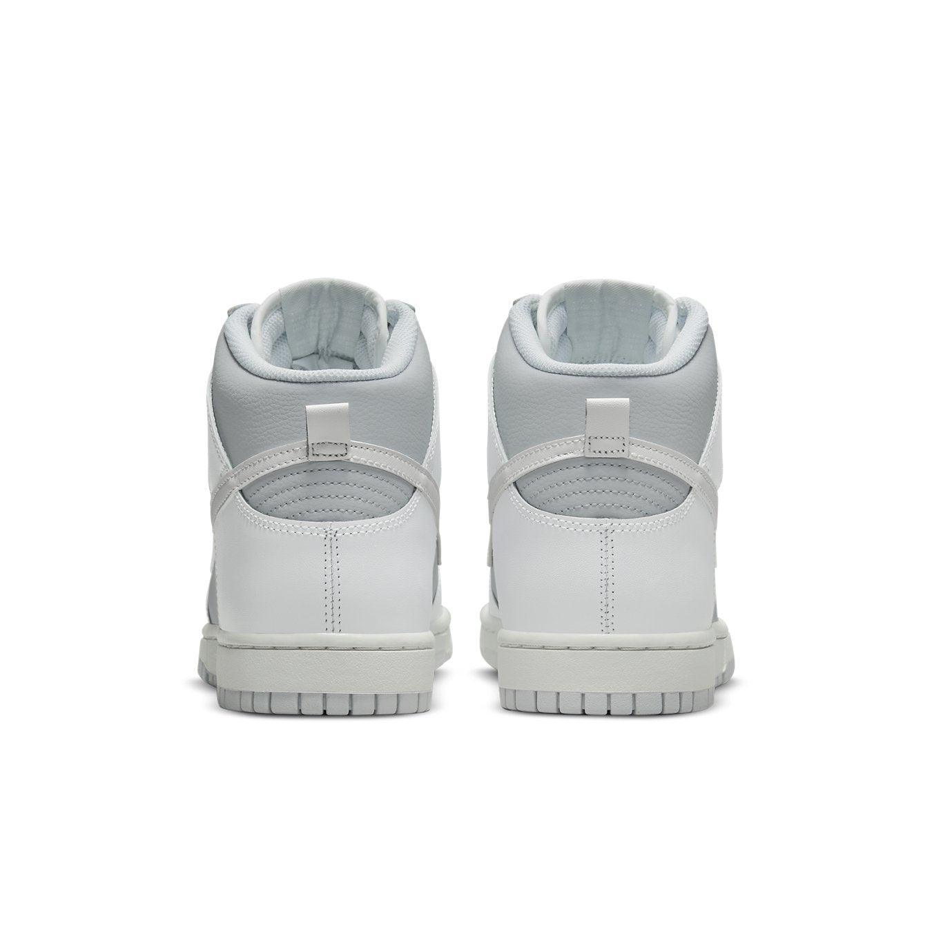 Rear view of Nike Dunk High Summit White Pure Platinum sneakers with grey and white accents.