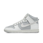 Nike Dunk High Summit White Pure Platinum in light grey leather with white overlays and Swoosh design.