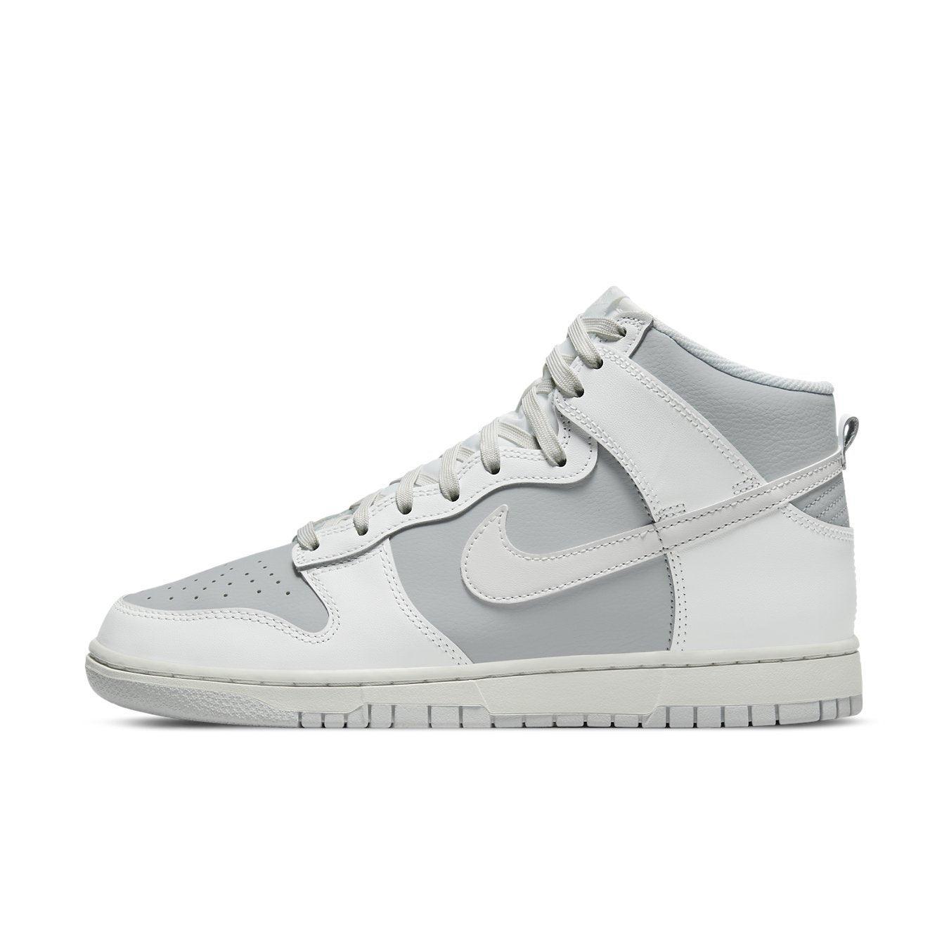 Nike Dunk High Summit White Pure Platinum in light grey leather with white overlays and Swoosh design.
