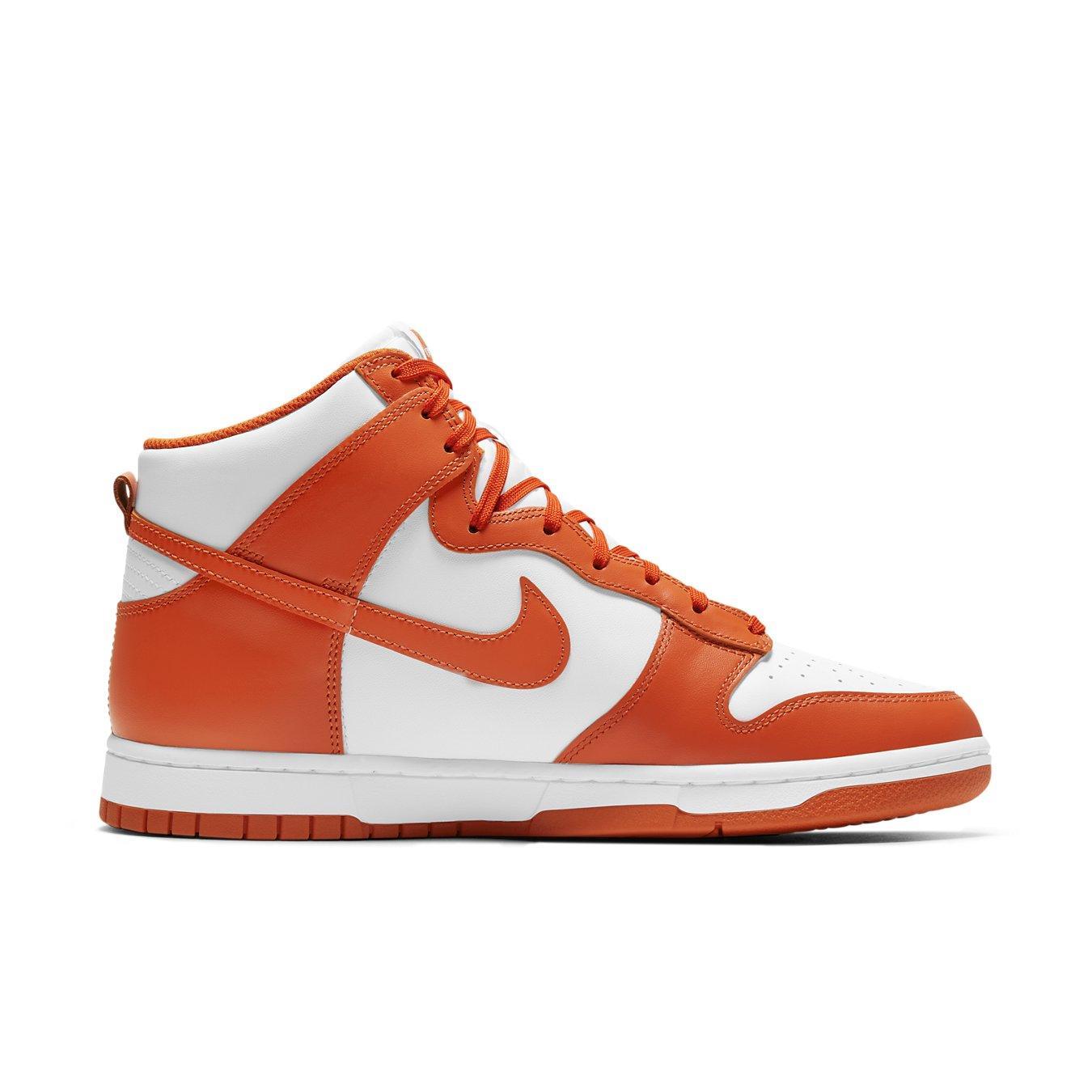 Nike Dunk High Syracuse 2021 sneaker in white and orange colorway, featuring iconic design and quality leather.