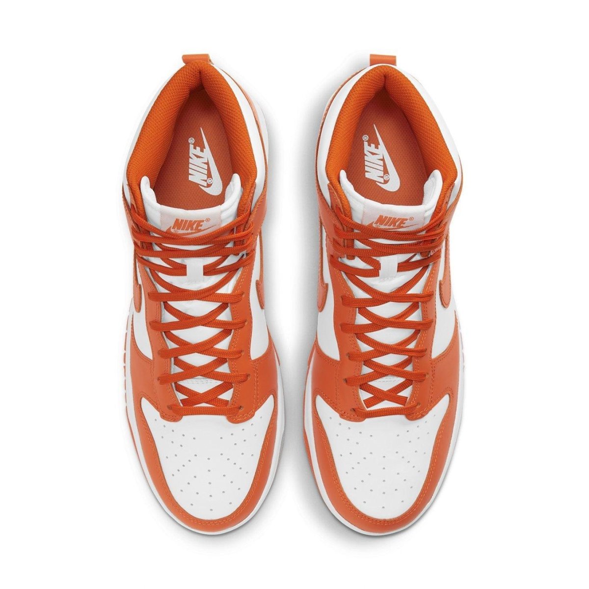 Nike Dunk High Syracuse 2021 sneaker top view, featuring orange and white colorway with iconic design.
