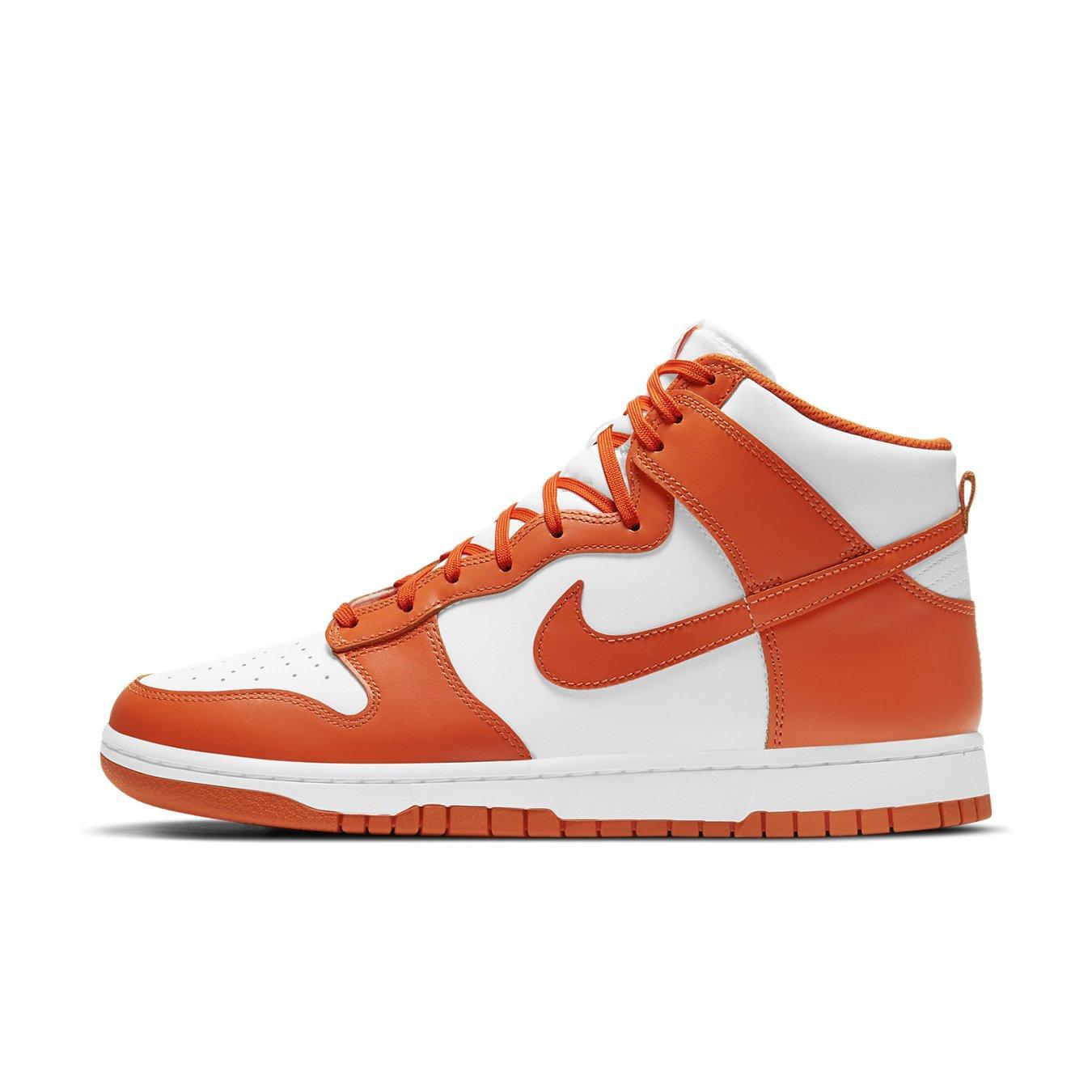 Nike Dunk High Syracuse (2021) in white and orange Blaze, featuring a classic skate shoe design.