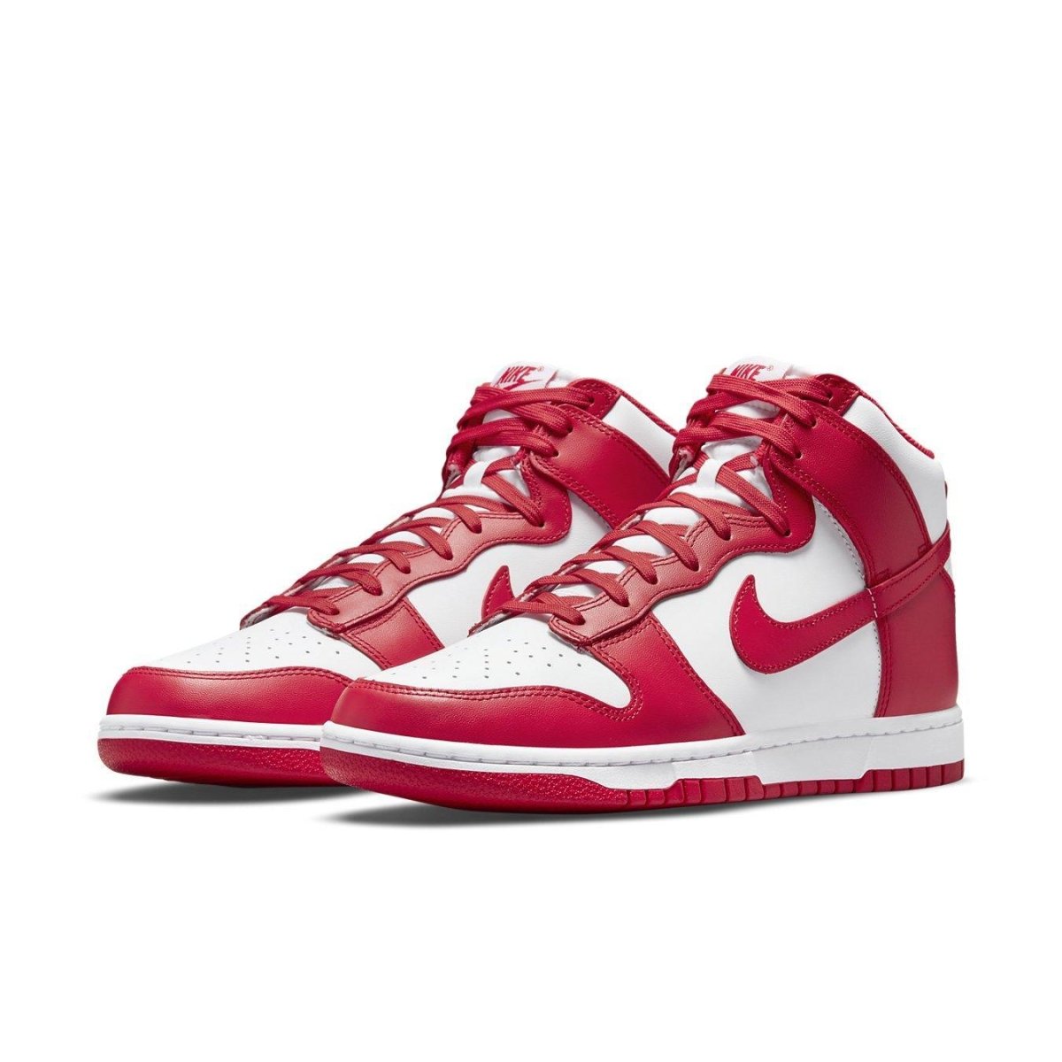 Nike Dunk High University Red sneakers featuring a bold red and white colorway with distinctive Nike branding.