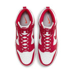 Nike Dunk High University Red sneakers featuring a vibrant red and white color scheme from an overhead perspective.