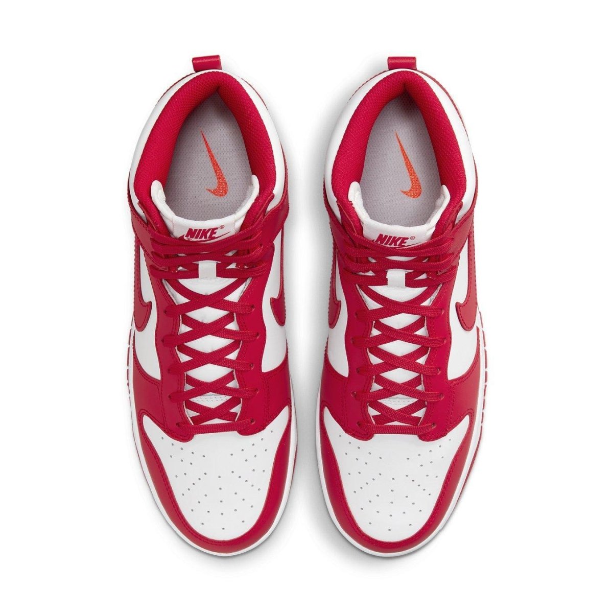 Nike Dunk High University Red sneakers featuring a vibrant red and white color scheme from an overhead perspective.