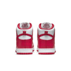 Nike Dunk High University Red sneaker heels featuring bright university red design and white accents.