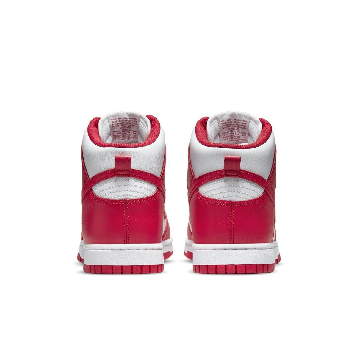 Nike Dunk High University Red sneaker heels featuring bright university red design and white accents.