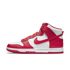 Nike Dunk High University Red sneakers featuring a striking red and white colorway with iconic Swoosh design.