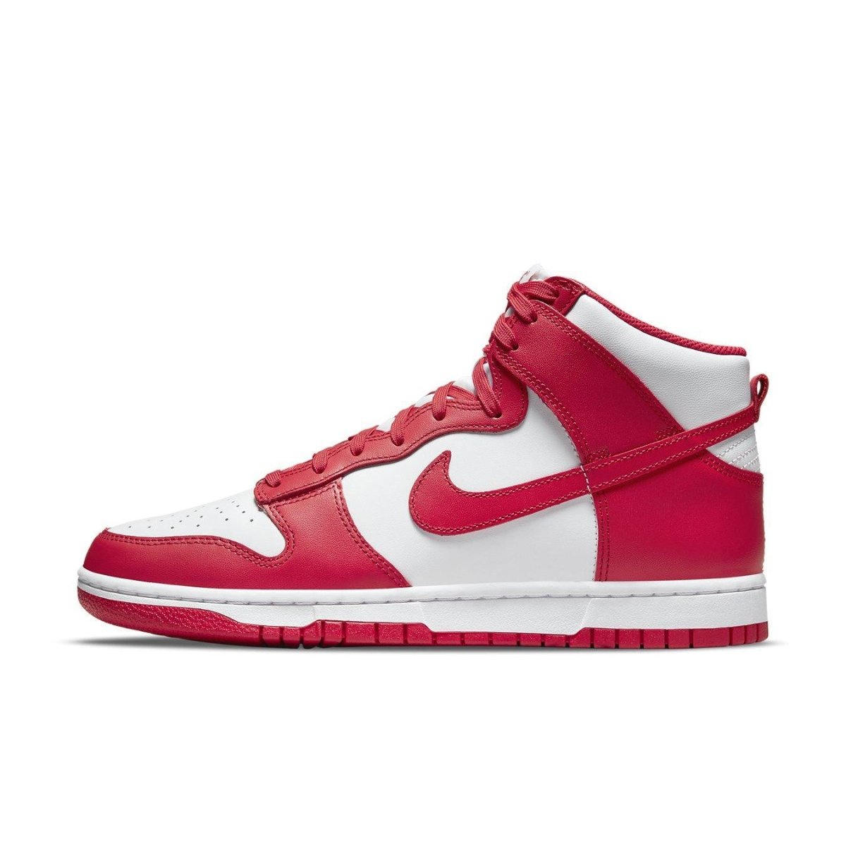 Nike Dunk High University Red sneakers featuring a striking red and white colorway with iconic Swoosh design.