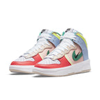 Nike Dunk High Up Pastels women's sneakers in vibrant colors featuring pink, red, and green accents.