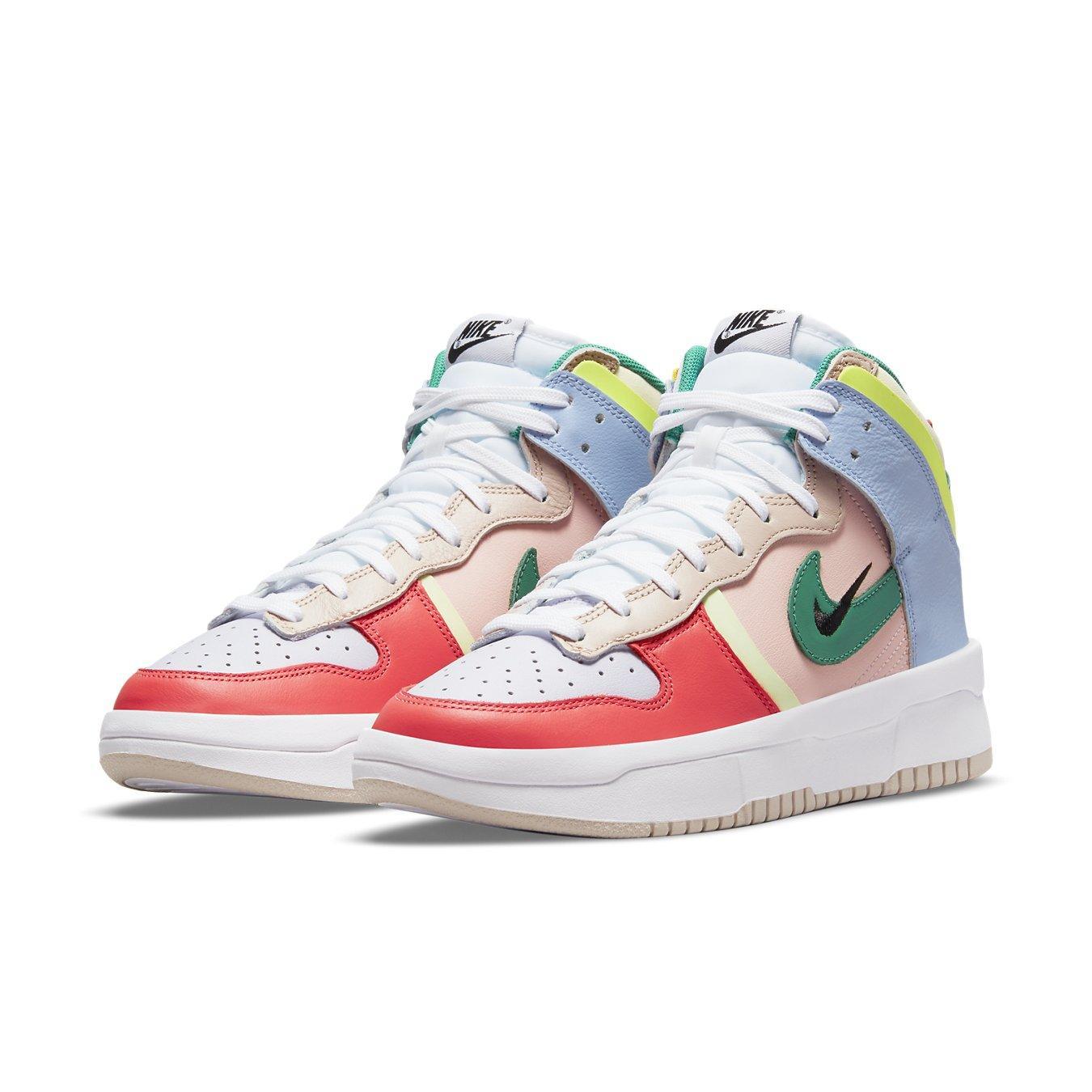 Nike Dunk High Up Pastels women's sneakers in vibrant colors featuring pink, red, and green accents.