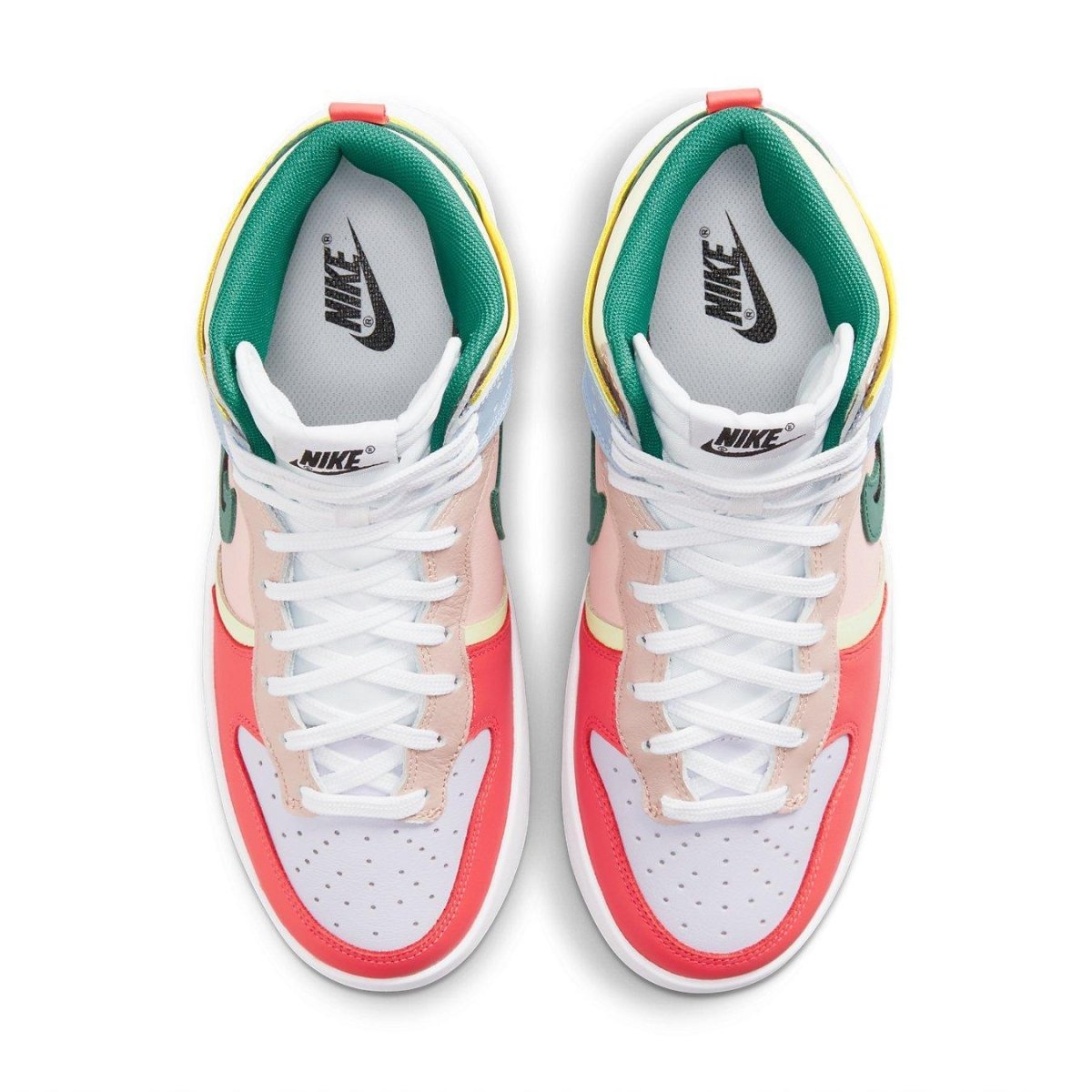 Nike Dunk High Up Pastels women's sneakers in pink, red, and blue with vibrant color accents and a classic design.