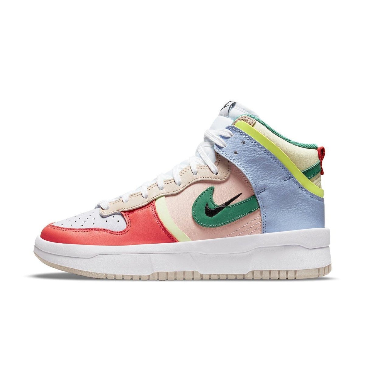 Nike Dunk High Up Pastels sneakers for women featuring vibrant colors and layered design with Swoosh detail.
