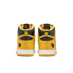 Rear view of the Nike Dunk High Wu-Tang 2024 sneaker in yellow and black leather.