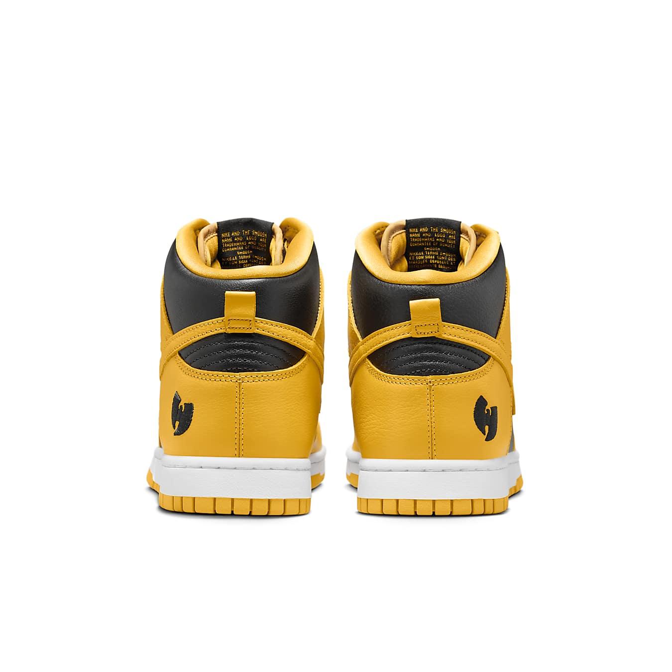 Rear view of the Nike Dunk High Wu-Tang 2024 sneaker in yellow and black leather.