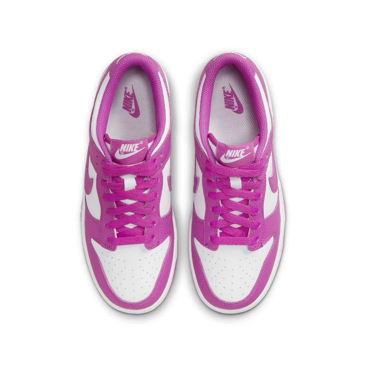Nike Dunk Low Active Fuchsia GS sneakers viewed from above with fuchsia overlays and white accents.