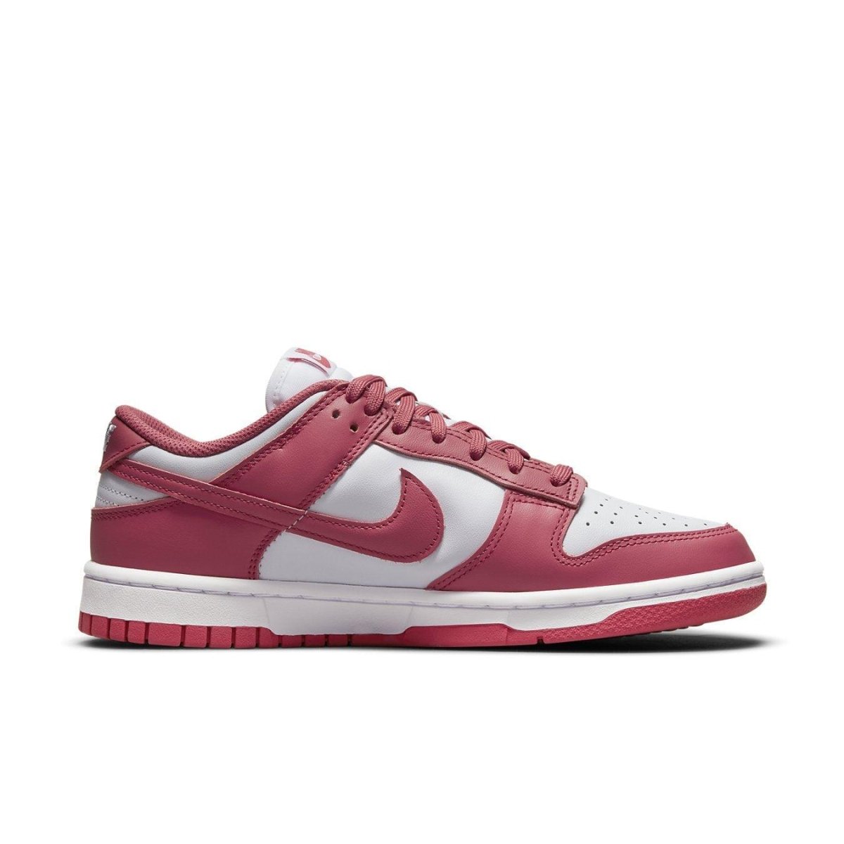 Nike Dunk Low Archeo Pink (W) with white leather base and pink accents for stylish contrast.