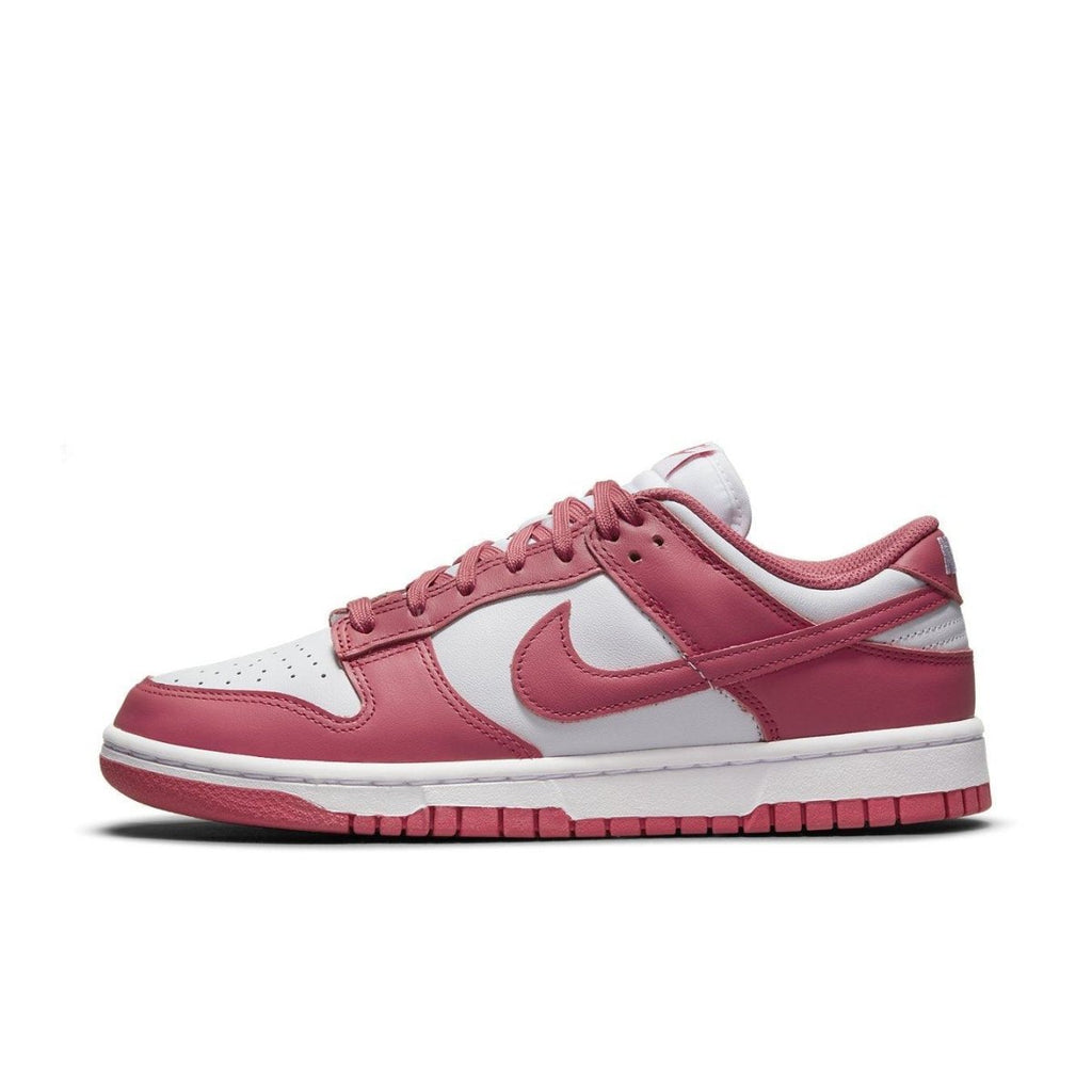 Nike Dunk Low Archeo Pink women's sneakers in white and pink leather with matching laces and soles.