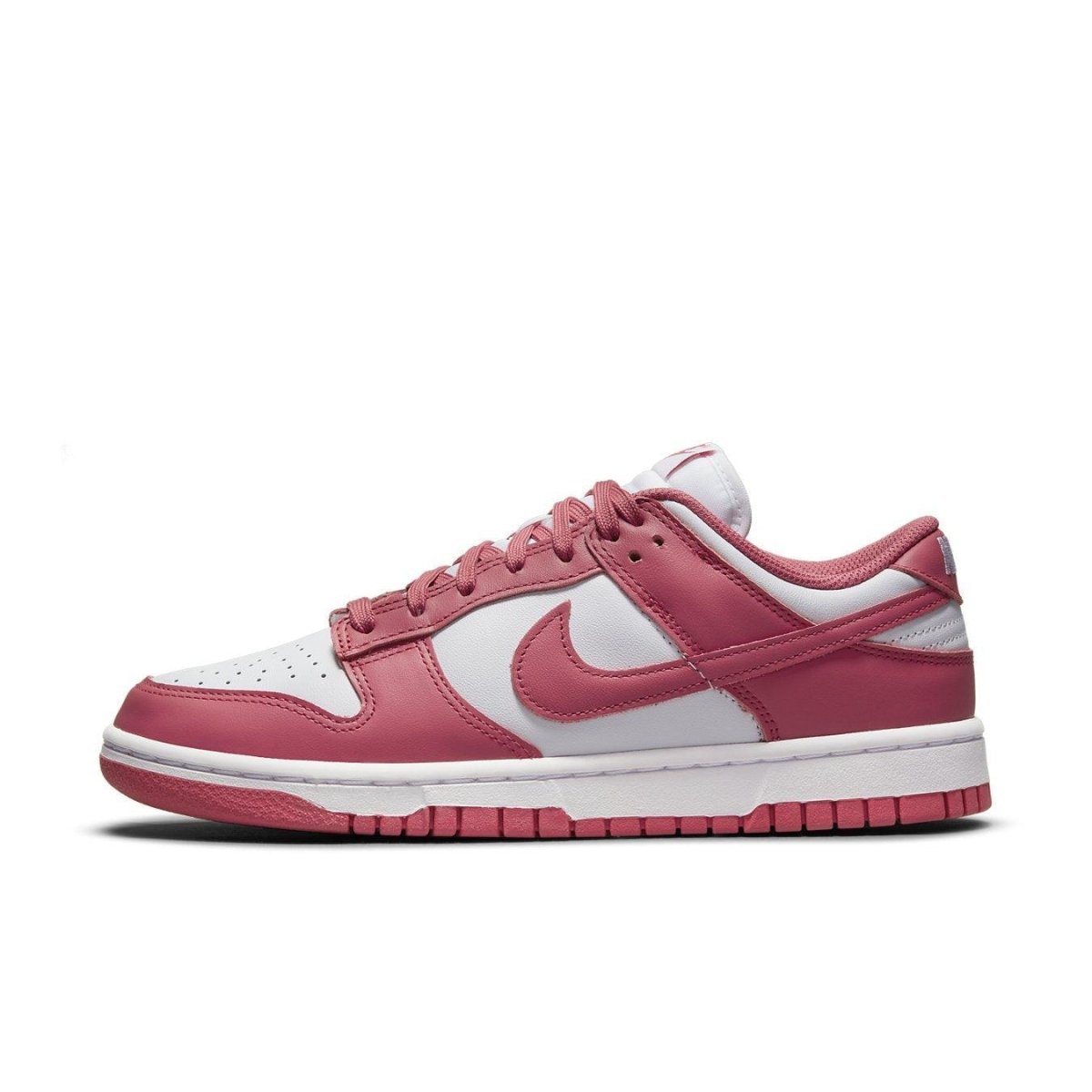 Nike Dunk Low Archeo Pink women's sneakers in white and pink leather with matching laces and soles.