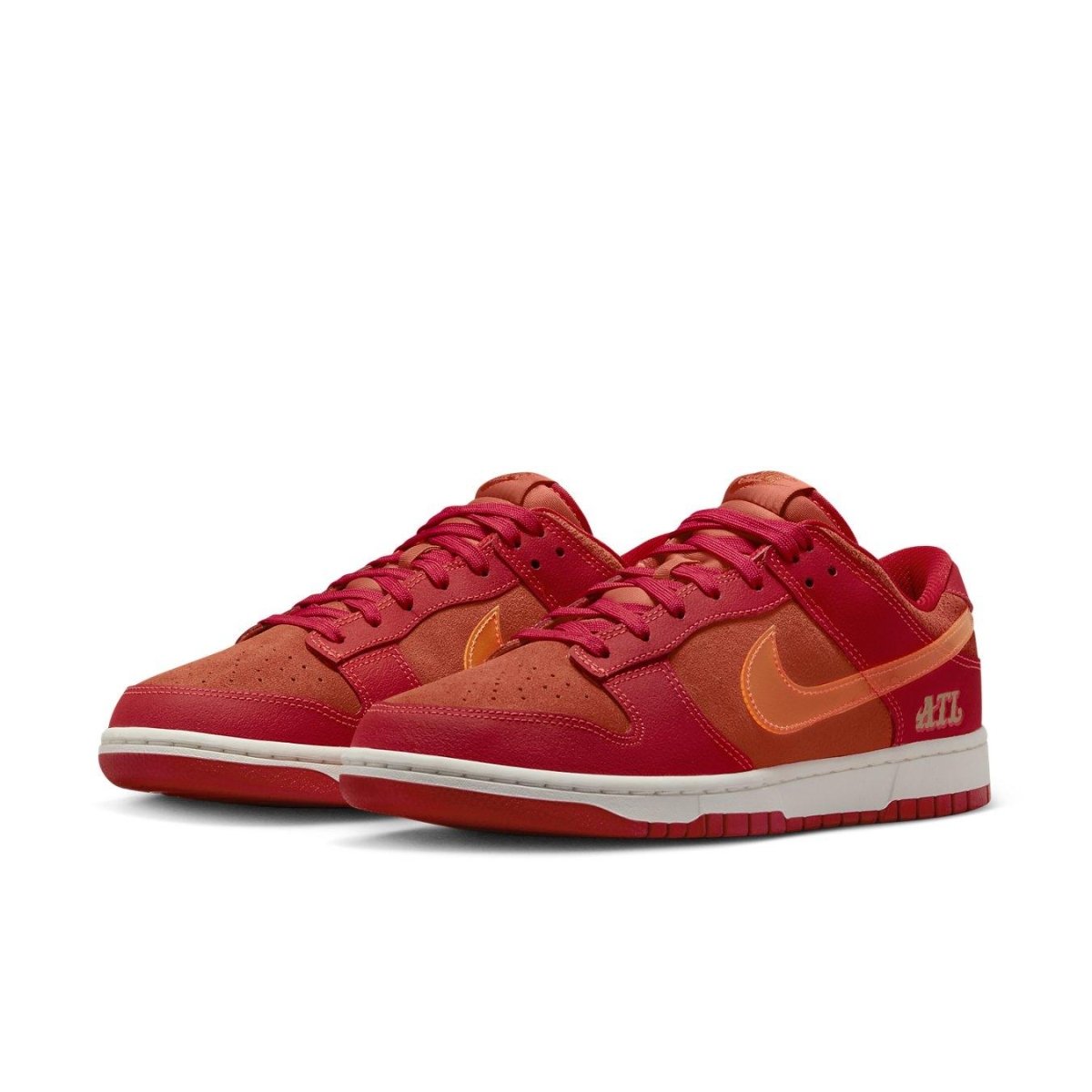 Nike Dunk Low ATL sneakers in Picante Red and University Red, celebrating Atlanta's hip hop legacy.