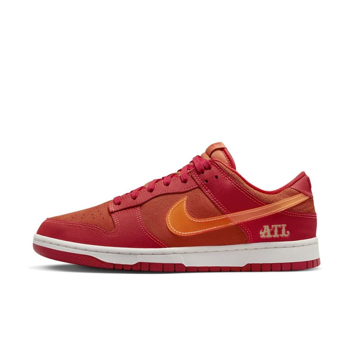 Nike Dunk Low ATL in Picante Red and University Red, featuring a Bright Crimson Swoosh and ATL graphic.