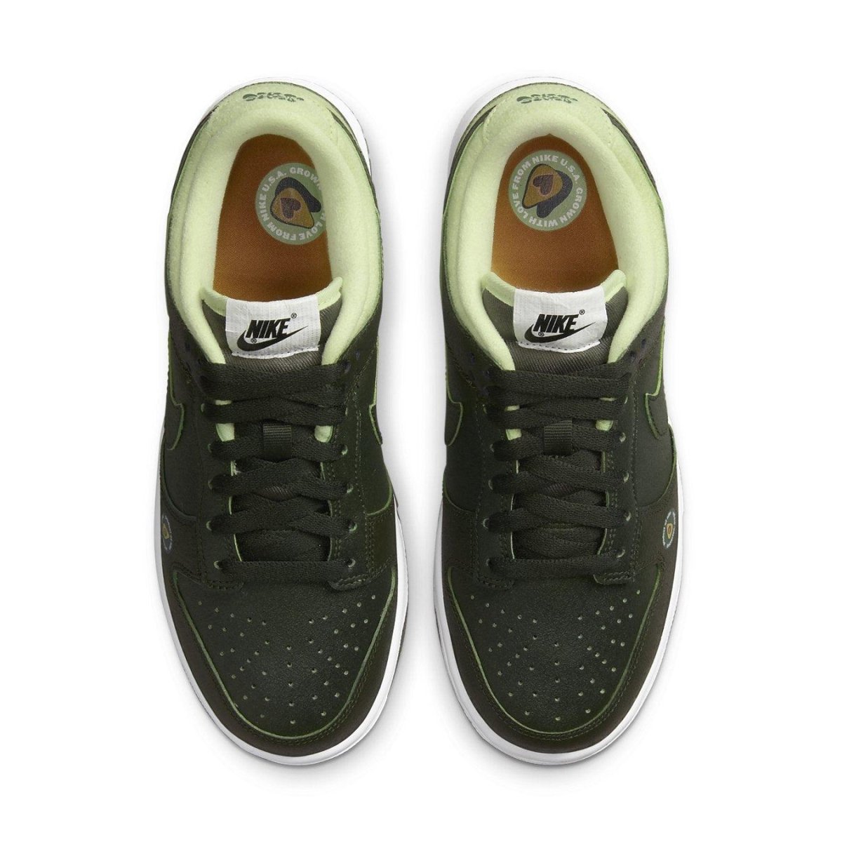 Nike Dunk Low Avocado (W) top view showcasing dark green upper and light green lining.