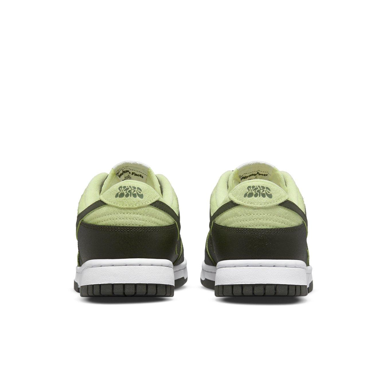 Nike Dunk Low Avocado women's sneakers showcasing the back design with green and dark green colors.