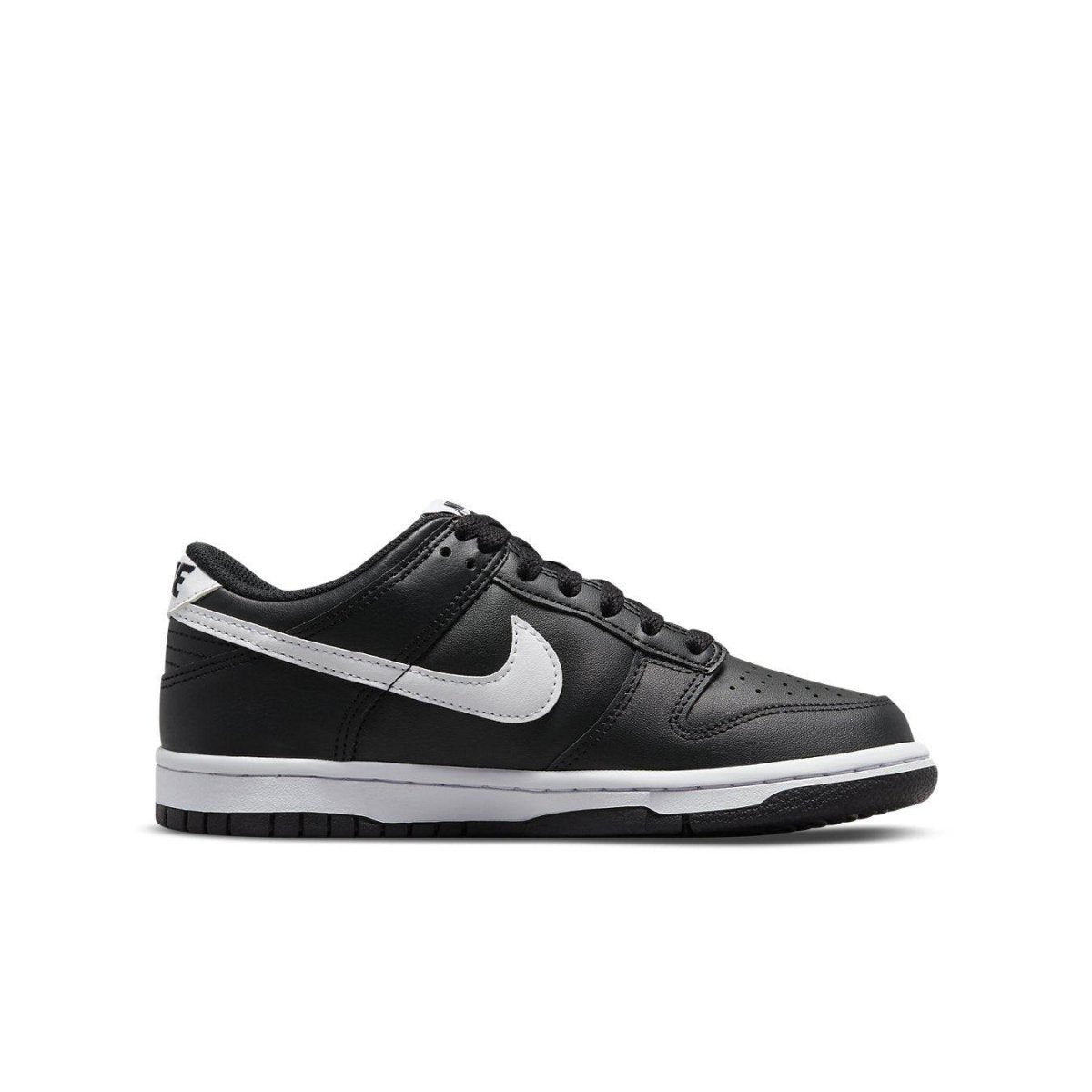 Nike Dunk Low Black Panda 2.0 (GS) sneakers in black and white, featuring premium leather and classic design.