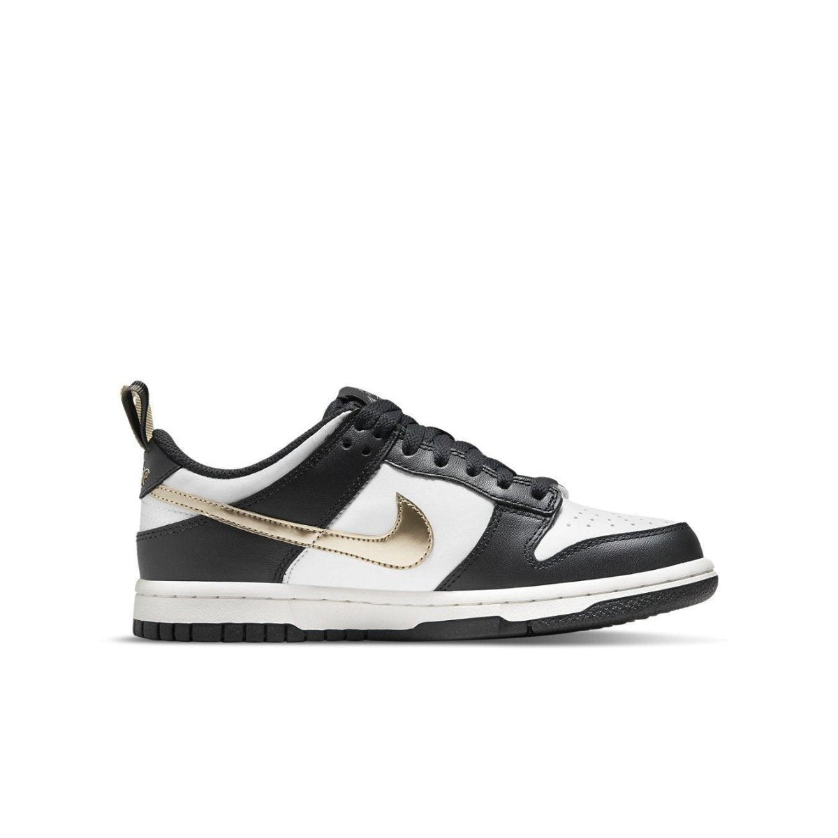 Nike Dunk Low Black White Metallic (GS) with silver Swoosh, black overlays, and white midsole.