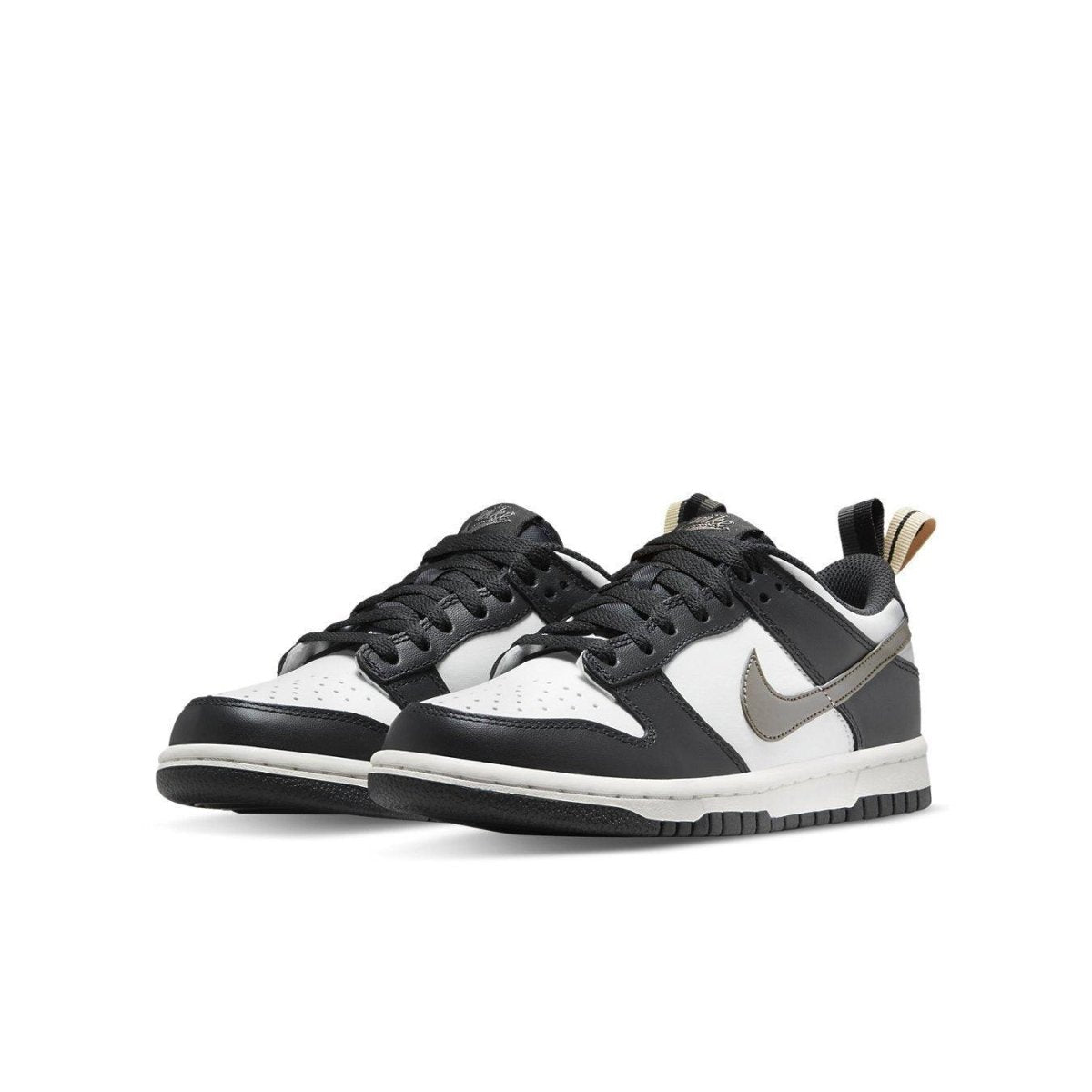 Nike Dunk Low Black White Metallic (GS) sneakers featuring a white leather base with black overlays.