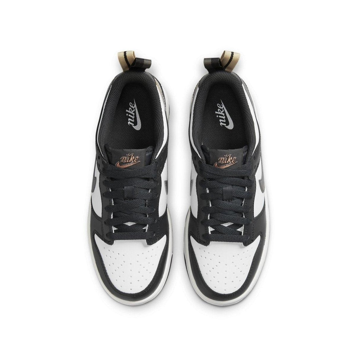 Nike Dunk Low Black White Metallic (GS) sneakers with black and white leather upper and metallic accents.