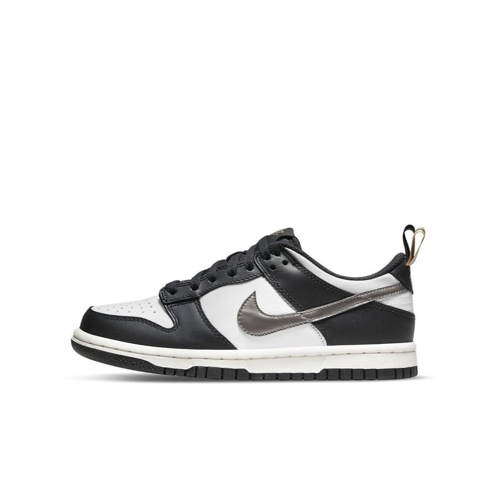 Nike Dunk Low Black White Metallic (GS) sneaker with black and white leather, metallic silver Swooshes, stylish design.