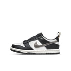 Nike Dunk Low Black White Metallic (GS) sneaker with black and white leather, metallic silver Swooshes, stylish design.