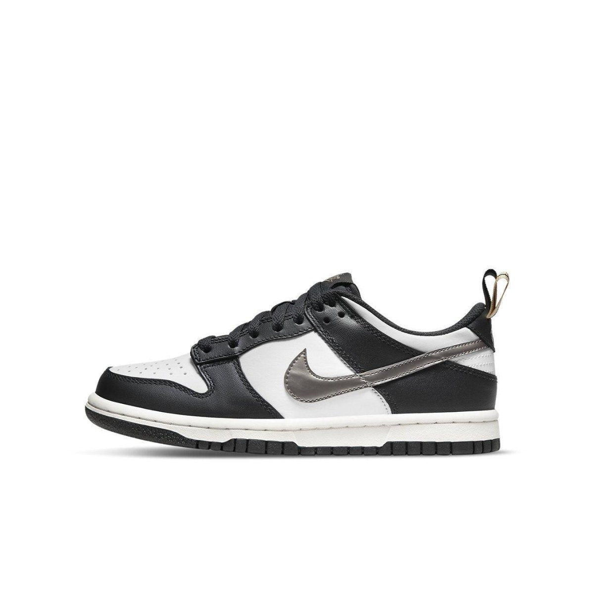Nike Dunk Low Black White Metallic (GS) sneaker with black and white leather, metallic silver Swooshes, stylish design.